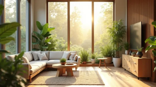 Moderne, helle Wohnräume mit natürlichen Materialien und vielen Pflanzen, die Wohlbefinden und Naturverbundenheit symbolisieren