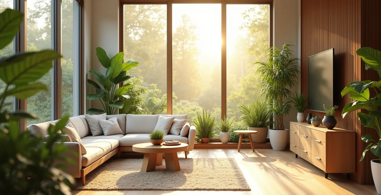 Moderne, helle Wohnräume mit natürlichen Materialien und vielen Pflanzen, die Wohlbefinden und Naturverbundenheit symbolisieren