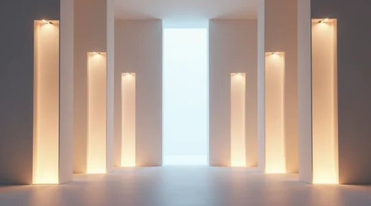 Symbolische Darstellung der vier Säulen der Gesundheit: Wasser, zirkadianer Rhythmus, Entgiftung und Erholung, stilisiert als moderne Architektur im menschlichen Körper.