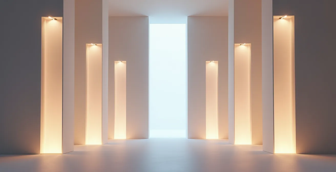 Symbolische Darstellung der vier Säulen der Gesundheit: Wasser, zirkadianer Rhythmus, Entgiftung und Erholung, stilisiert als moderne Architektur im menschlichen Körper.