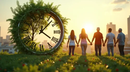 Symbolische Darstellung einer Uhr, die in ein grünes, nachhaltiges Zukunftsszenario übergeht, kombiniert mit menschlichen Figuren unterschiedlichen Alters, die zusammenarbeiten.