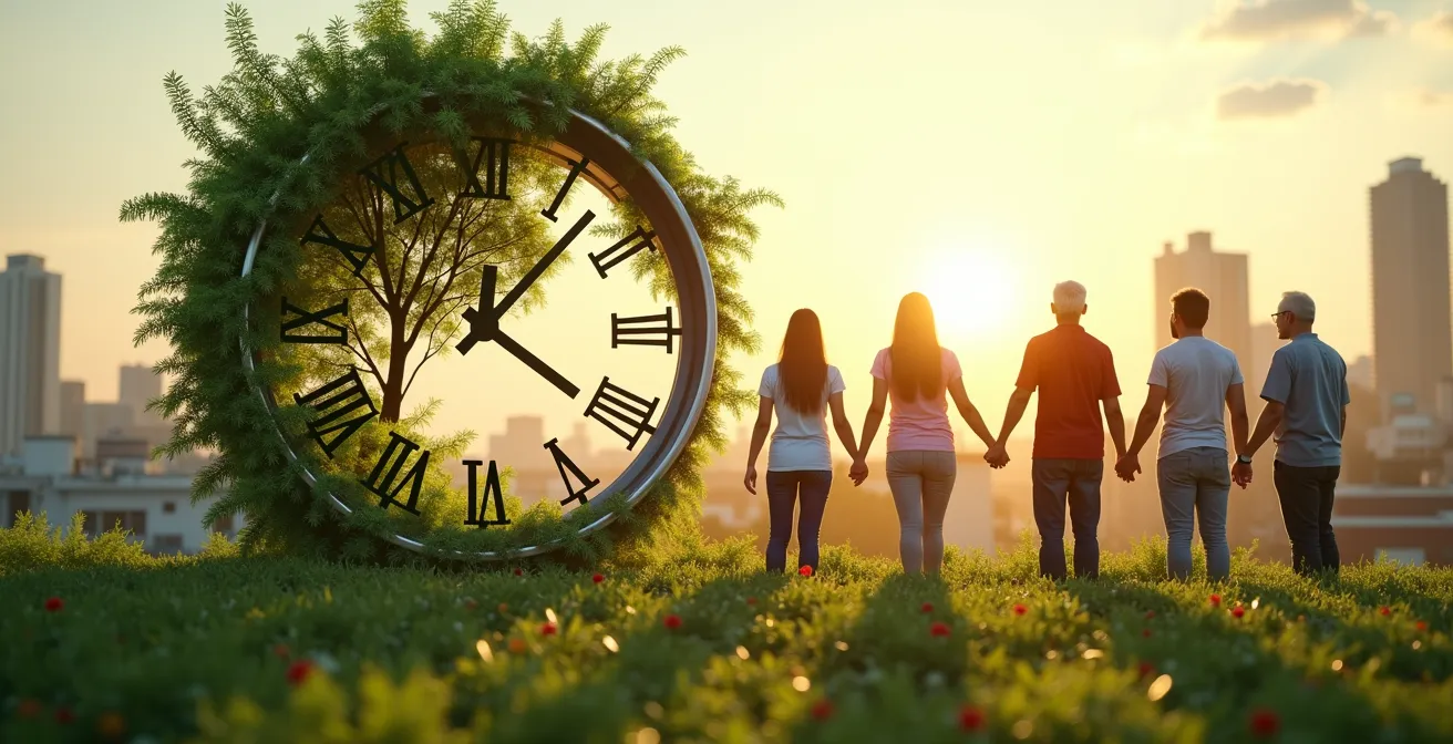 Symbolische Darstellung einer Uhr, die in ein grünes, nachhaltiges Zukunftsszenario übergeht, kombiniert mit menschlichen Figuren unterschiedlichen Alters, die zusammenarbeiten.