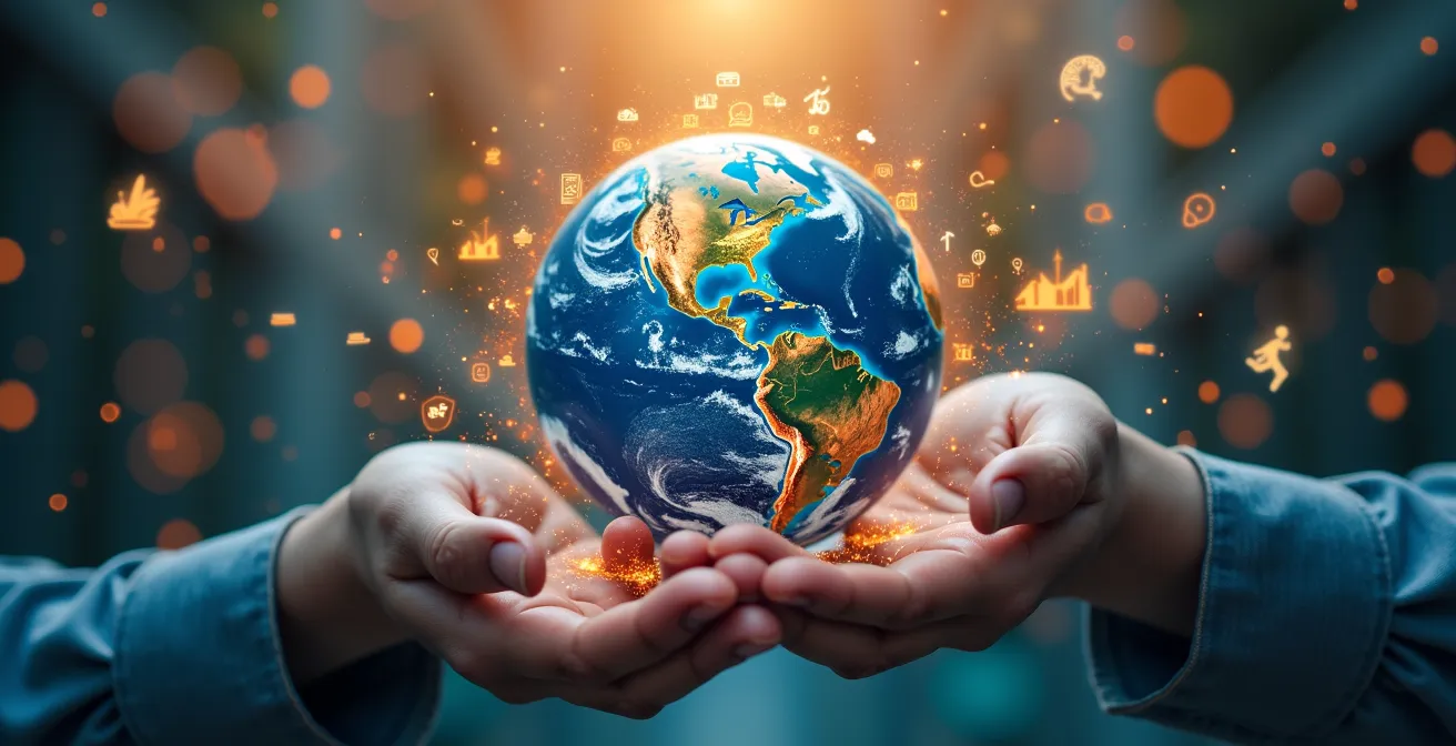 Symbolische Darstellung einer Weltkugel, die mit Netzwerken, Datenströmen und Menschen verschiedener Kulturen verbunden ist, die global zusammenarbeiten