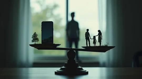 Symbolische Darstellung einer Person, die auf einer Waage balanciert, mit einem Smartphone auf der einen Seite und Natur sowie Familie auf der anderen Seite