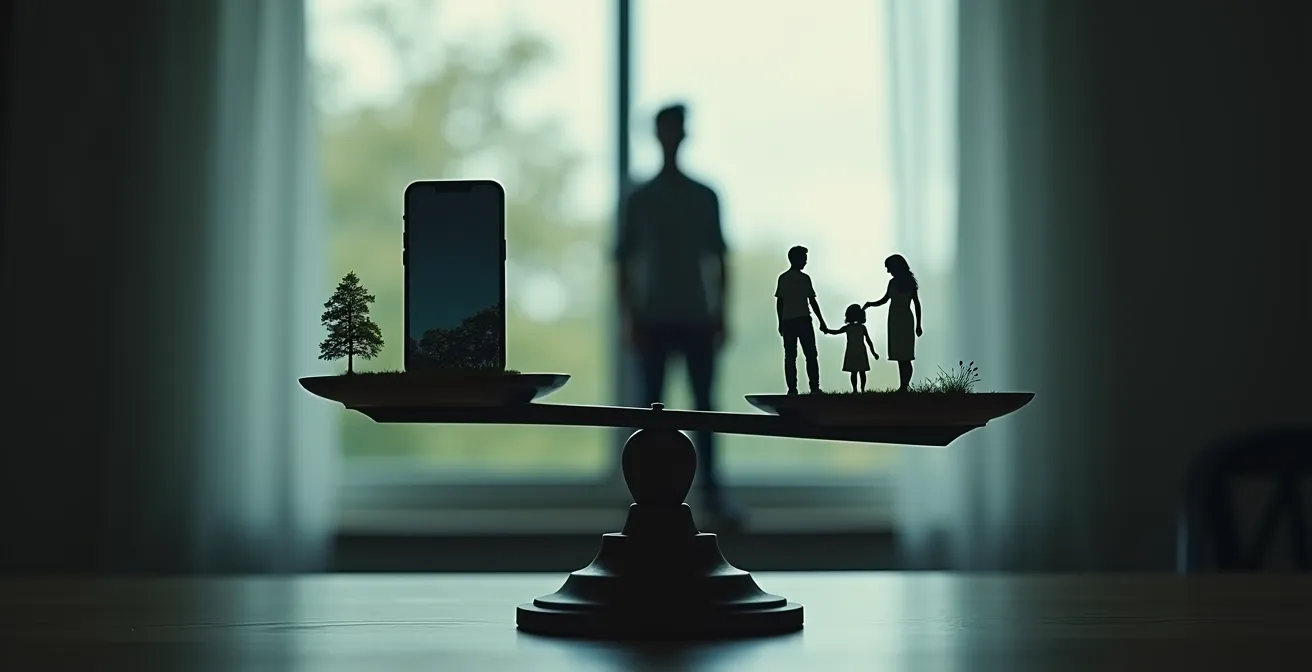 Symbolische Darstellung einer Person, die auf einer Waage balanciert, mit einem Smartphone auf der einen Seite und Natur sowie Familie auf der anderen Seite