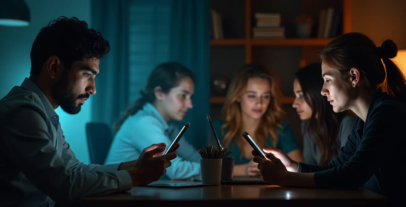 Symbolische Gegenüberstellung einer Person, die von digitalen Geräten abgelenkt ist, und einer intensiven realen sozialen Interaktion