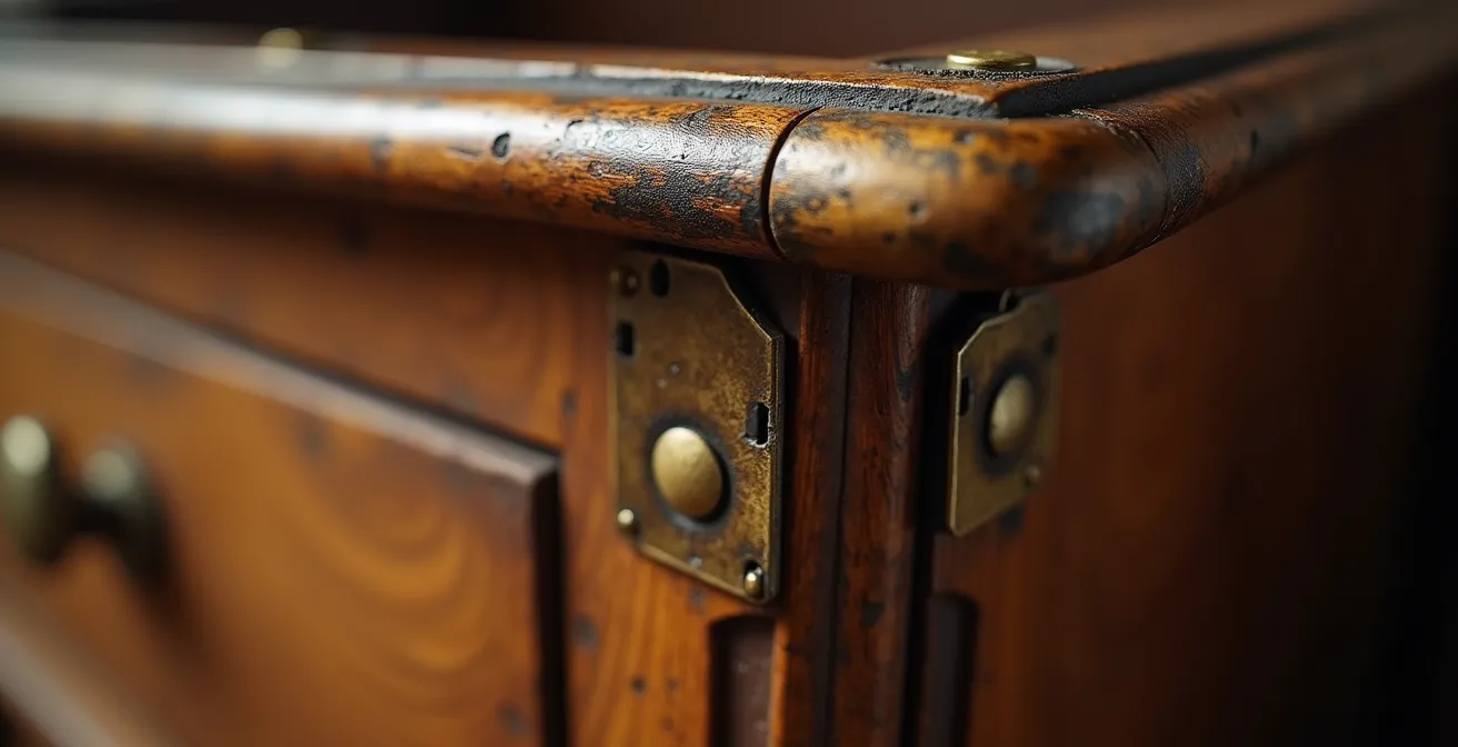 Nahaufnahme eines Vintage-Möbelstücks mit Fokus auf Tischlerverbindungen, Patina und Herstellerstempel zur Echtheitsprüfung