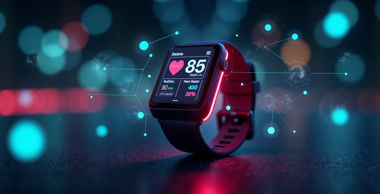 Visualisierung eines Fitness-Trackers mit hervorgehobenen nicht erfassten Gesundheitsparametern wie Entzündungen und Umweltbelastungen