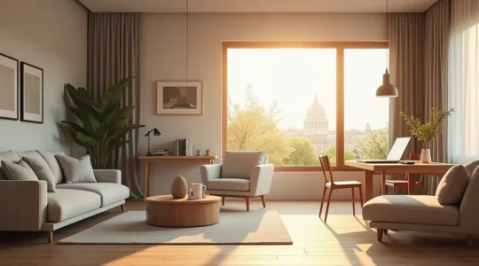 Ein modernes Wohnzimmer mit multifunktionalen Möbeln, wandelbaren Arbeitsbereichen und einem harmonischen Wohnambiente, das Flexibilität symbolisiert