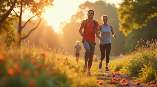 Symbolische Illustration eines gesunden Lebensstils, der körperliche Fitness, ausgewogene Ernährung, sozialen Zusammenhalt und mentale Harmonie darstellt