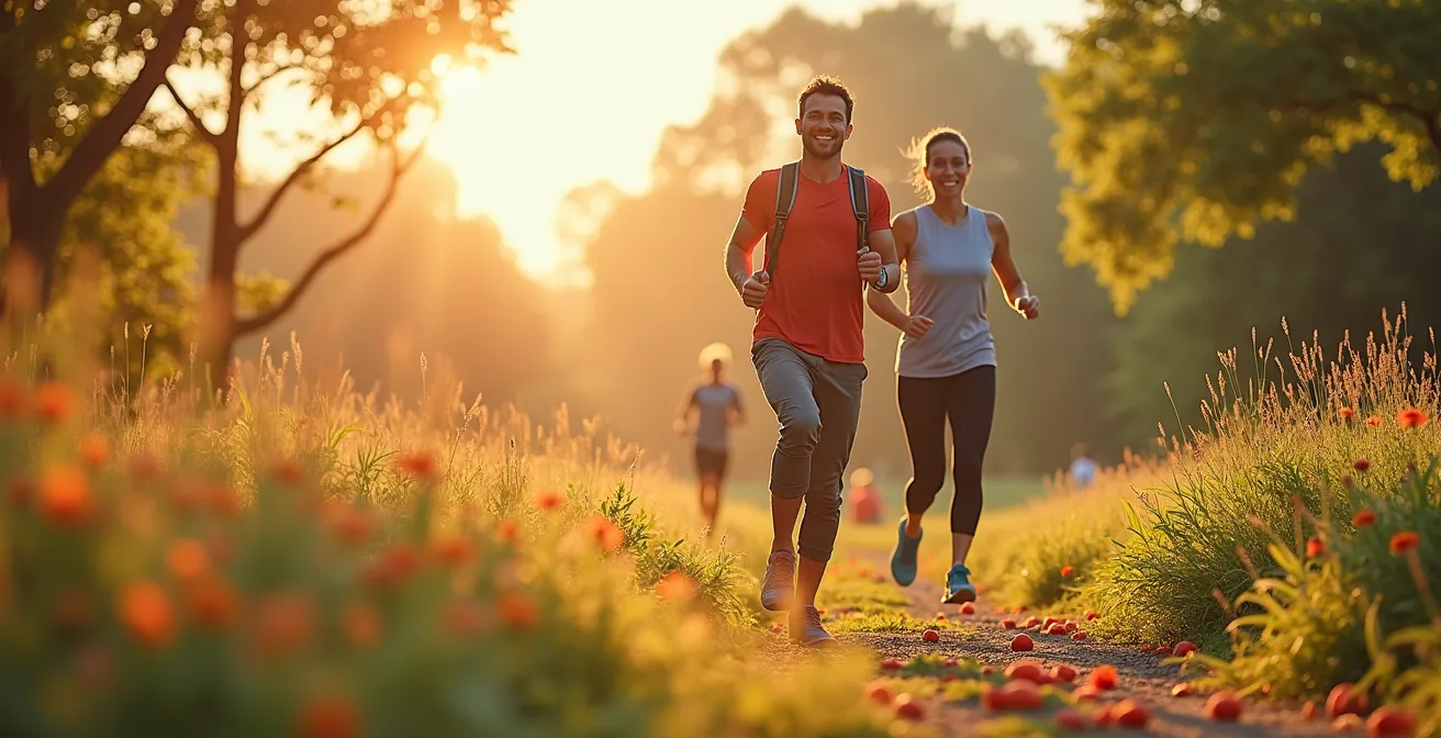 Symbolische Illustration eines gesunden Lebensstils, der körperliche Fitness, ausgewogene Ernährung, sozialen Zusammenhalt und mentale Harmonie darstellt