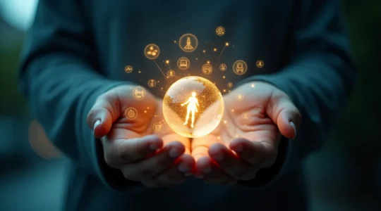 Symbolisches Bild einer Person, die ihr Leben und ihre Gesundheit fest in der Hand hält, umgeben von medizinischen und wellnessbezogenen Symbolen.