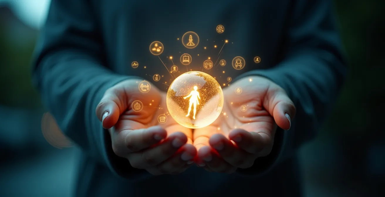 Symbolisches Bild einer Person, die ihr Leben und ihre Gesundheit fest in der Hand hält, umgeben von medizinischen und wellnessbezogenen Symbolen.