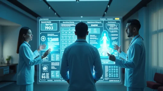 Symbolische Darstellung eines Menschen, der mit einem Arzt und verschiedenen Gesundheitsdaten interagiert, um seine Gesundheit intelligent zu managen