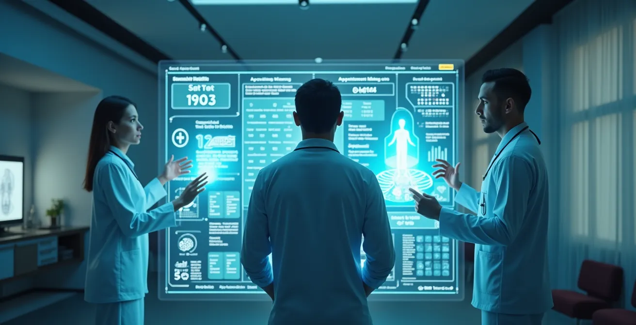 Symbolische Darstellung eines Menschen, der mit einem Arzt und verschiedenen Gesundheitsdaten interagiert, um seine Gesundheit intelligent zu managen
