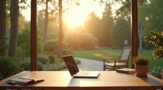 Symbolische Darstellung eines produktiven Homeoffice-Arbeitsplatzes mit hoher Lebensqualität