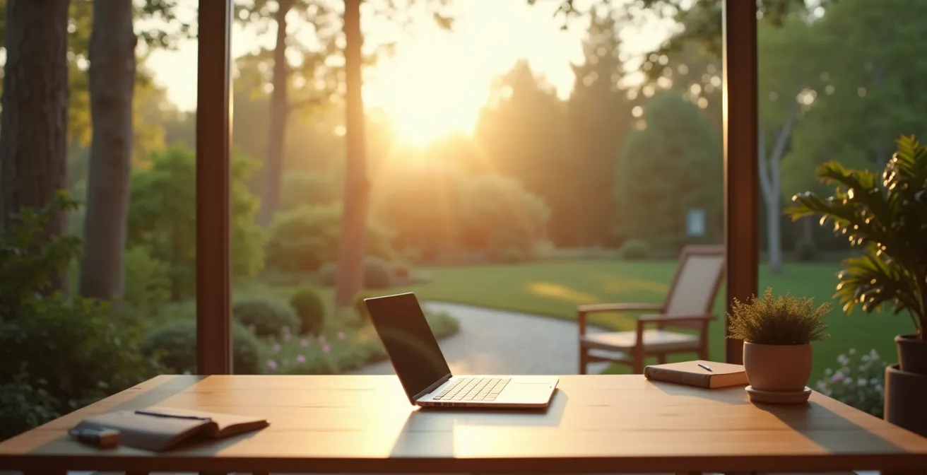 Symbolische Darstellung eines produktiven Homeoffice-Arbeitsplatzes mit hoher Lebensqualität
