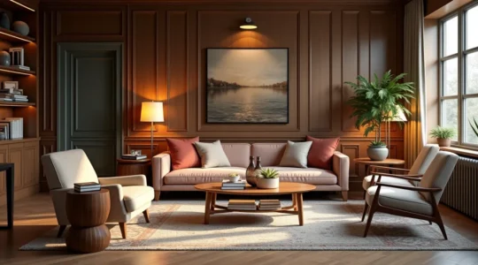 Ein stilvolles, modernes Wohnzimmer mit warmem Licht, harmonischen Farben und persönlichen Dekorationen, die die Persönlichkeit des Bewohners widerspiegeln.