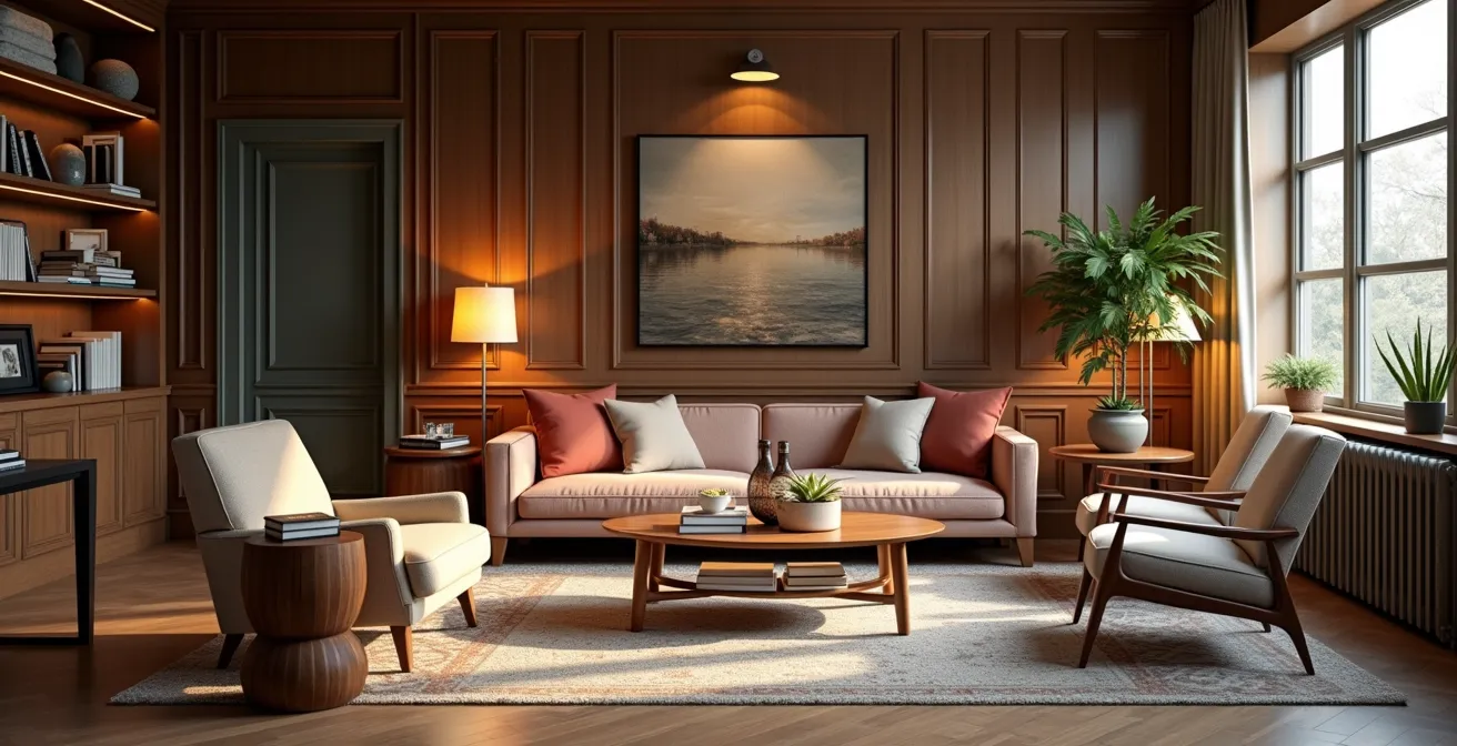 Ein stilvolles, modernes Wohnzimmer mit warmem Licht, harmonischen Farben und persönlichen Dekorationen, die die Persönlichkeit des Bewohners widerspiegeln.