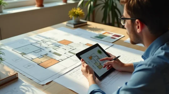 Innenarchitekt mit Bauplänen und Entwurfsskizzen am Schreibtisch, Grundrisse und Raumkonzepte analysierend