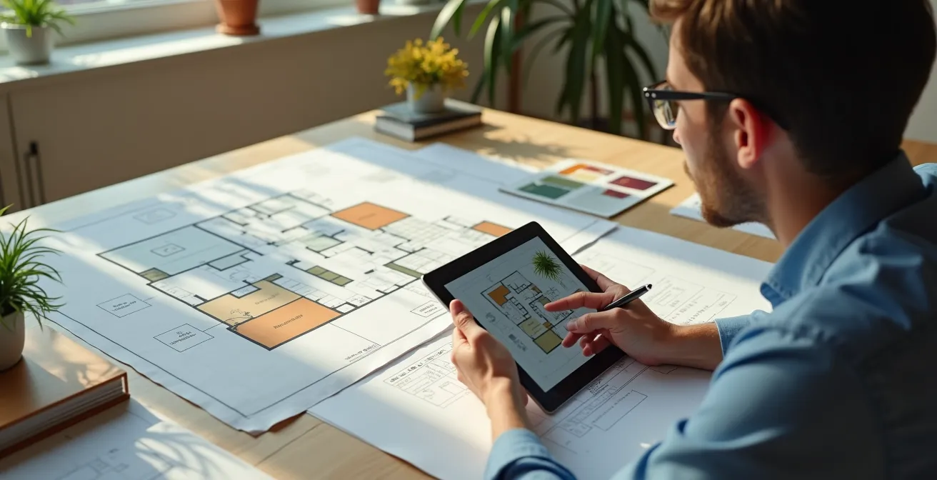 Innenarchitekt mit Bauplänen und Entwurfsskizzen am Schreibtisch, Grundrisse und Raumkonzepte analysierend