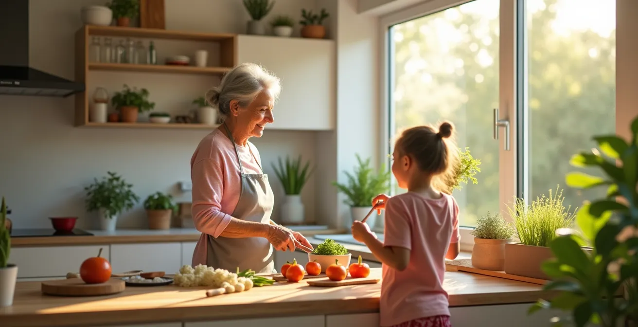 Eine moderne Mehrgenerationen-WG mit gemeinschaftlichem Garten und barrierefreiem Design, in der ältere und jüngere Menschen interagieren.