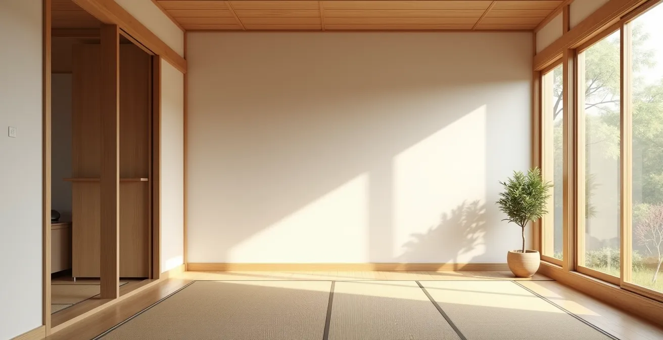 Minimalistischer Raum mit sichtbaren negativen Flächen, japanischen Designelementen und natürlichem Licht, das Harmonie und Ruhe ausstrahlt.