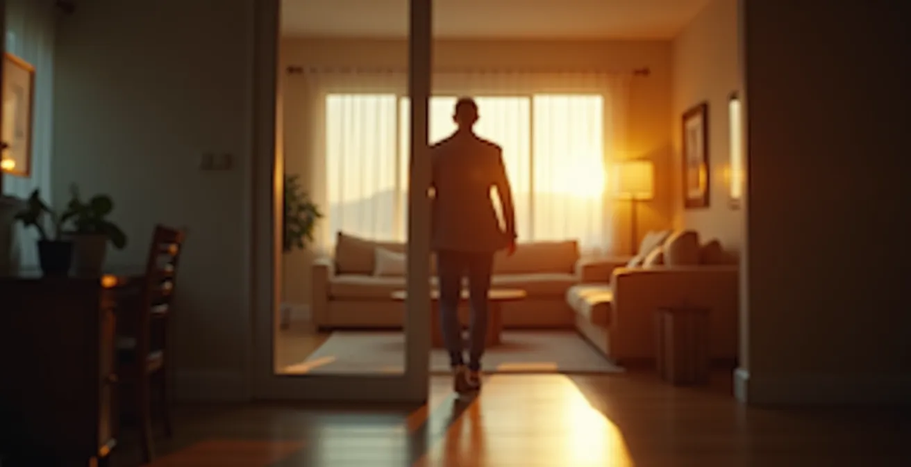 Symbolische Darstellung einer Person, die eine Tür zwischen einem Arbeitszimmer und einem gemütlichen Wohnraum schließt