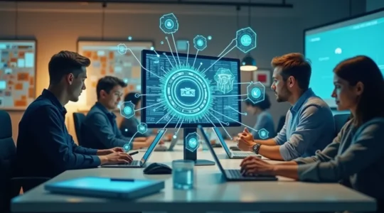 Symbolische Darstellung eines modernen Arbeitsplatzes mit digitaler Technologie, Vernetzung und lebensweltlicher Integration