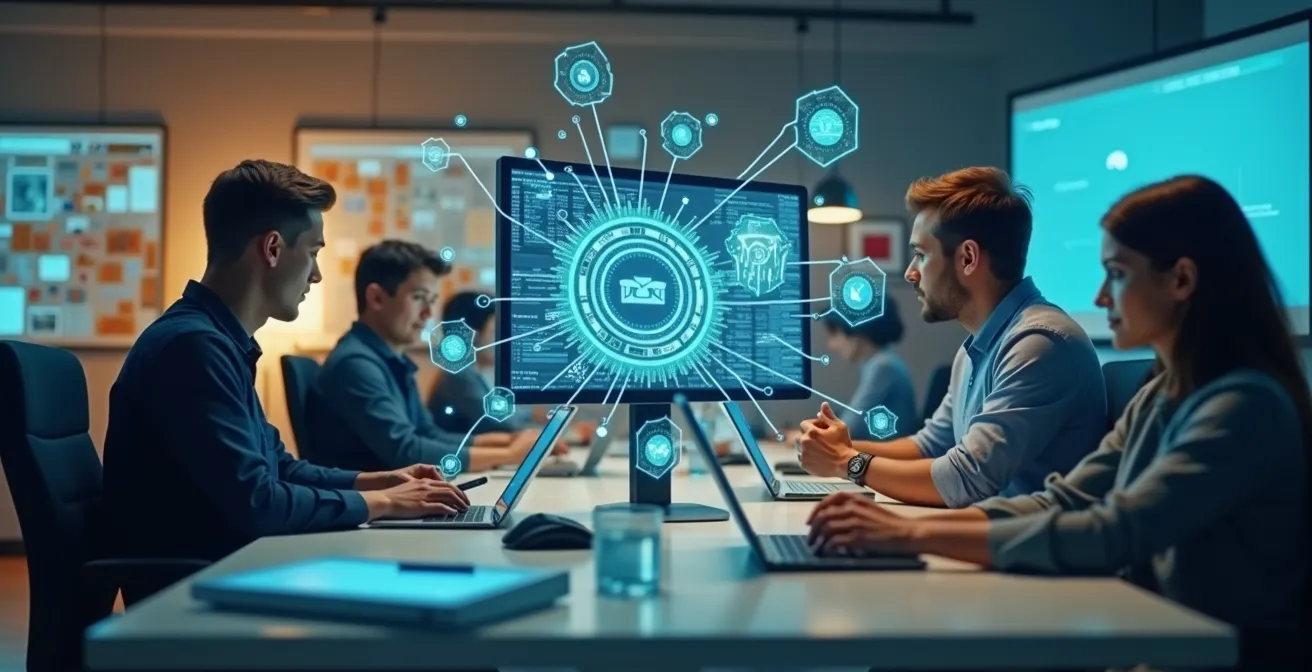 Symbolische Darstellung eines modernen Arbeitsplatzes mit digitaler Technologie, Vernetzung und lebensweltlicher Integration