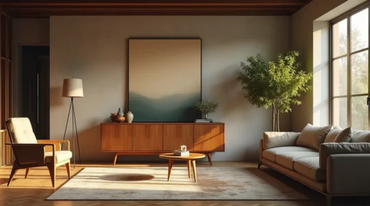 Ein stilvolles Wohnzimmer mit einer harmonischen Mischung aus Vintage-Möbeln und modernem Interieur, die Wärme und Geschichte ausstrahlt.