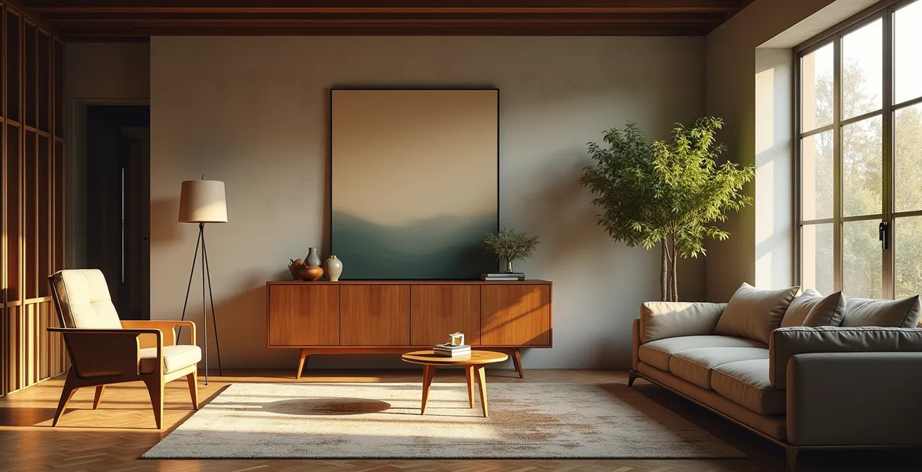 Ein stilvolles Wohnzimmer mit einer harmonischen Mischung aus Vintage-Möbeln und modernem Interieur, die Wärme und Geschichte ausstrahlt.