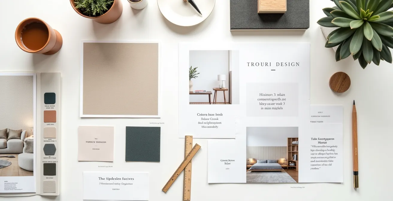 Professionelles Moodboard mit Materialproben, Farbpaletten und klaren Design-Regeln für ein Wohnprojekt