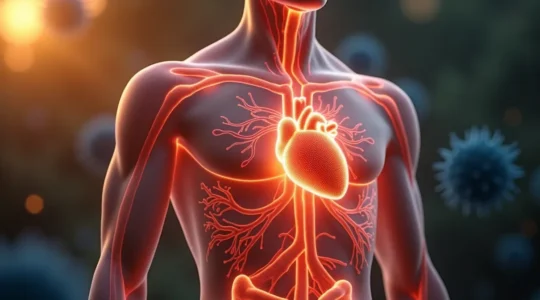 Symbolische Darstellung einer menschlichen Silhouette mit inneren Zellen, die gegen Herzinfarkt, Diabetes und chronische Krankheiten kämpft