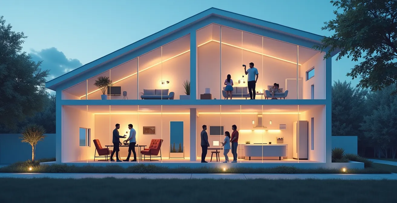 Futuristisches Smart Home mit zentral vernetzten Geräten und intelligenter Steuerung