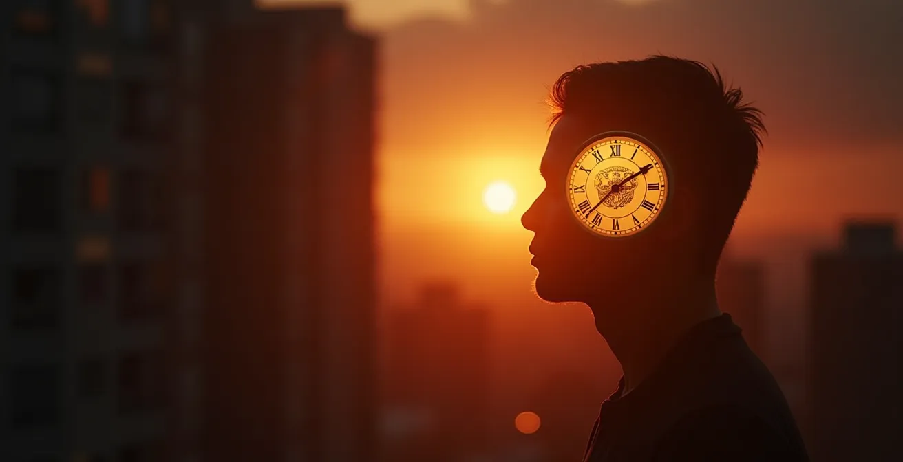 Menschliche Silhouette mit einem leuchtenden inneren Uhrwerk, das durch das Sonnenlicht am Morgen und warmes Licht am Abend synchronisiert wird.