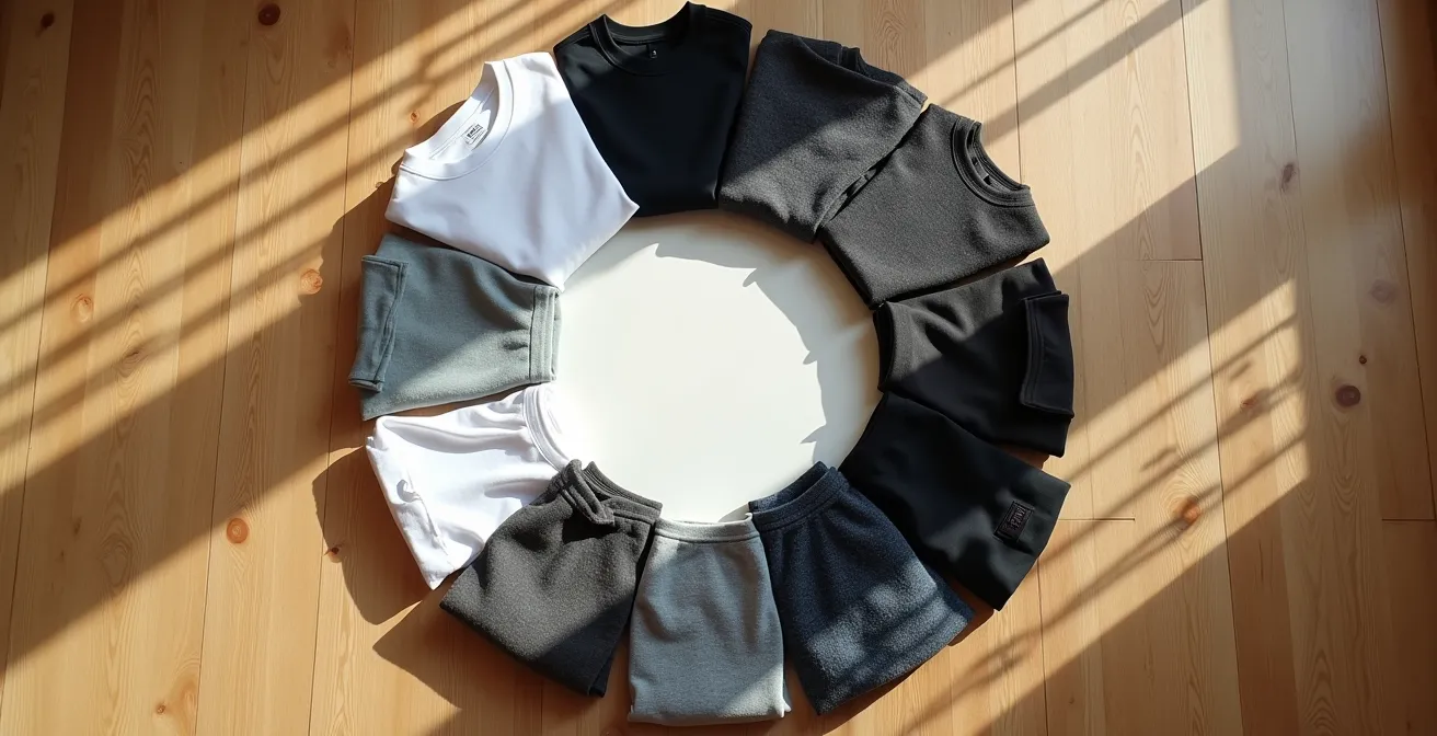 Zehn minimalistische Kleidungsstücke arrangiert für die deutsche 10x10 Challenge