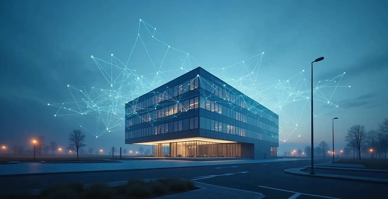 Moderne Büroarchitektur des Bundeskartellamts mit abstrakten Datennetzwerken