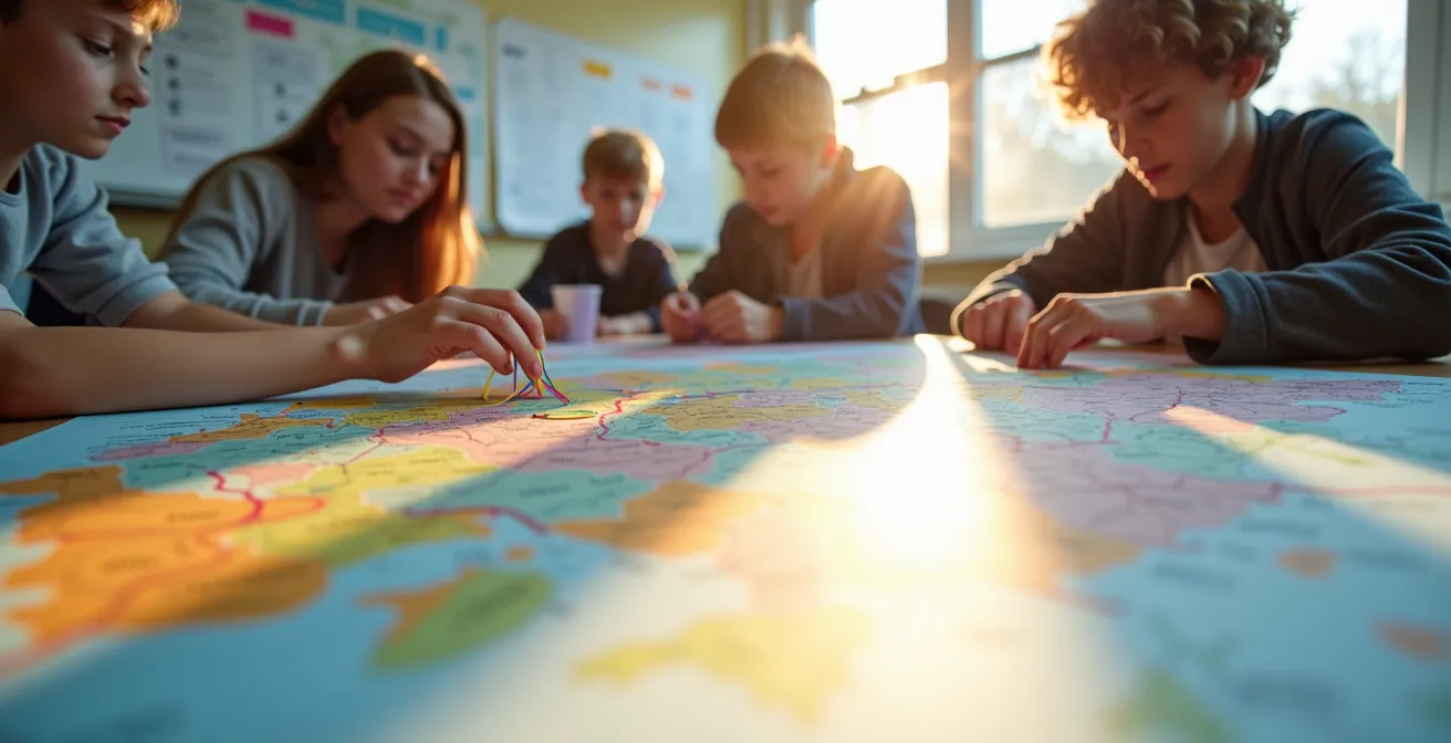 Schülergruppe plant systematisch eine Klassenfahrt mit visuellen Diagrammen und Karten