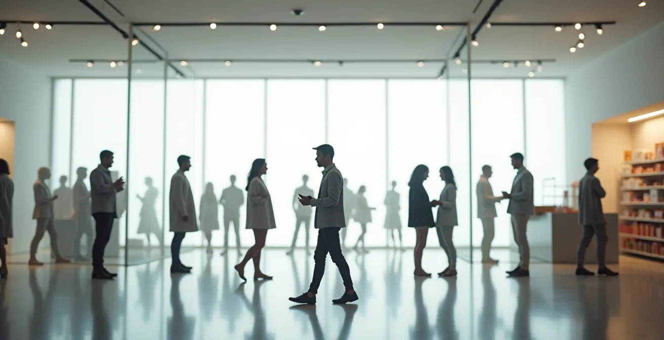 Visualisierung der emotionalen Höhen und Tiefen entlang einer Customer Journey in einem modernen deutschen Einzelhandelsgeschäft.