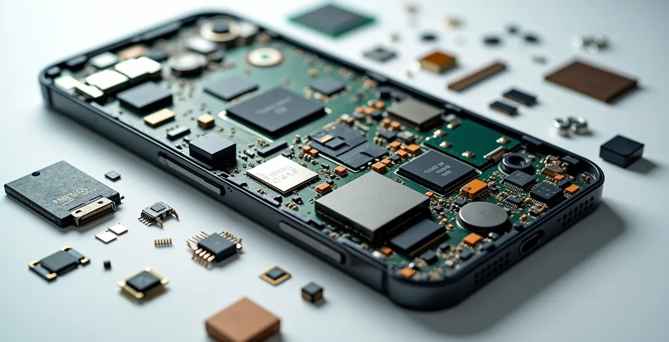 Makroaufnahme der inneren Komponenten eines Smartphones als Symbol für den digitalen CO2-Rucksack