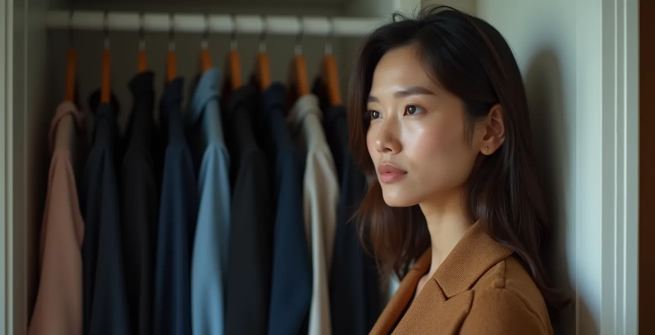 Eine Person steht vor einem offenen, gut organisierten Kleiderschrank und wählt bewusst ein Outfit aus, das ihre gewünschte Stimmung für den Tag widerspiegelt.