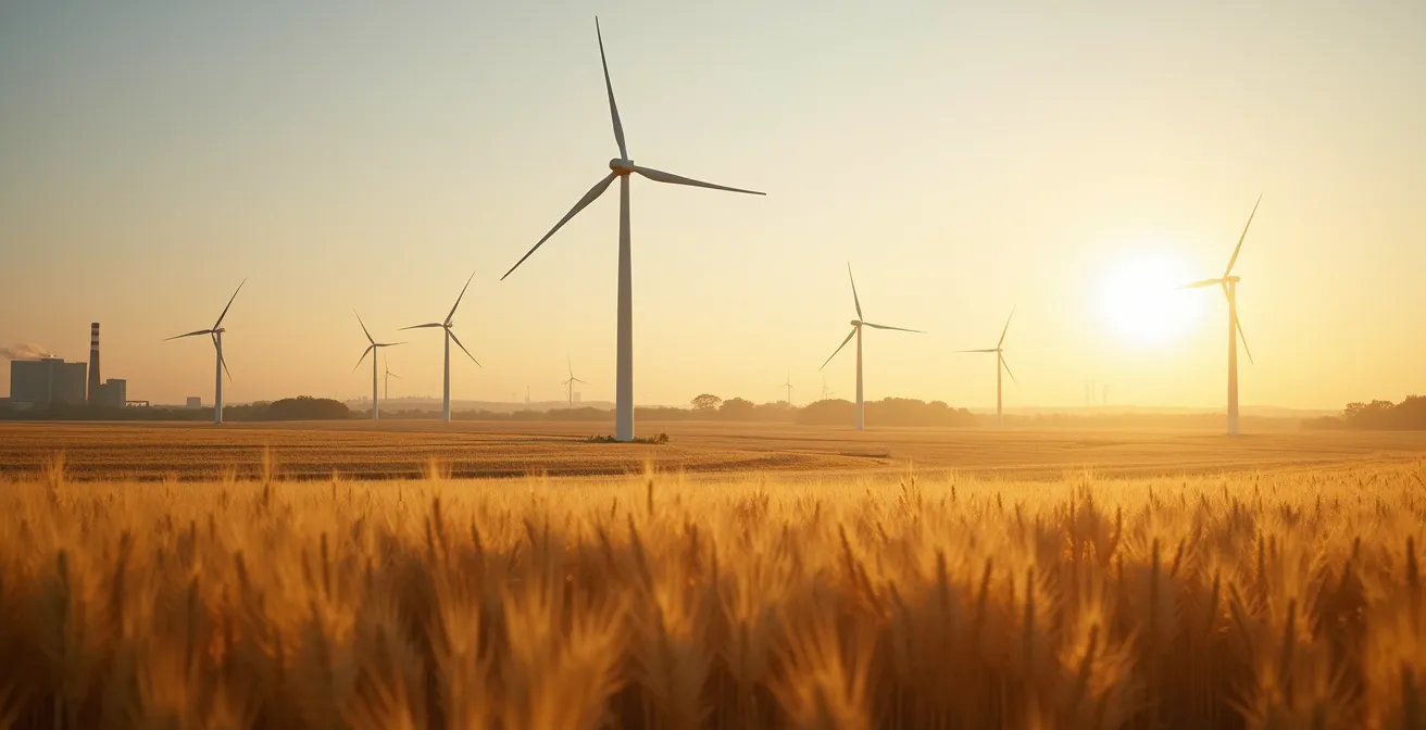 Weitwinkelaufnahme einer deutschen Landschaft im Wandel zwischen traditioneller Industrie und erneuerbarer Energieerzeugung durch Windkraft