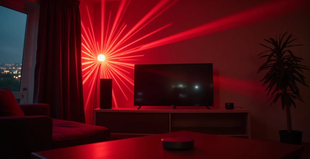 Wohnzimmer mit vernetzten Geräten, abstrakte Bedrohungsvisualisierung durch rote Lichtprojektionen