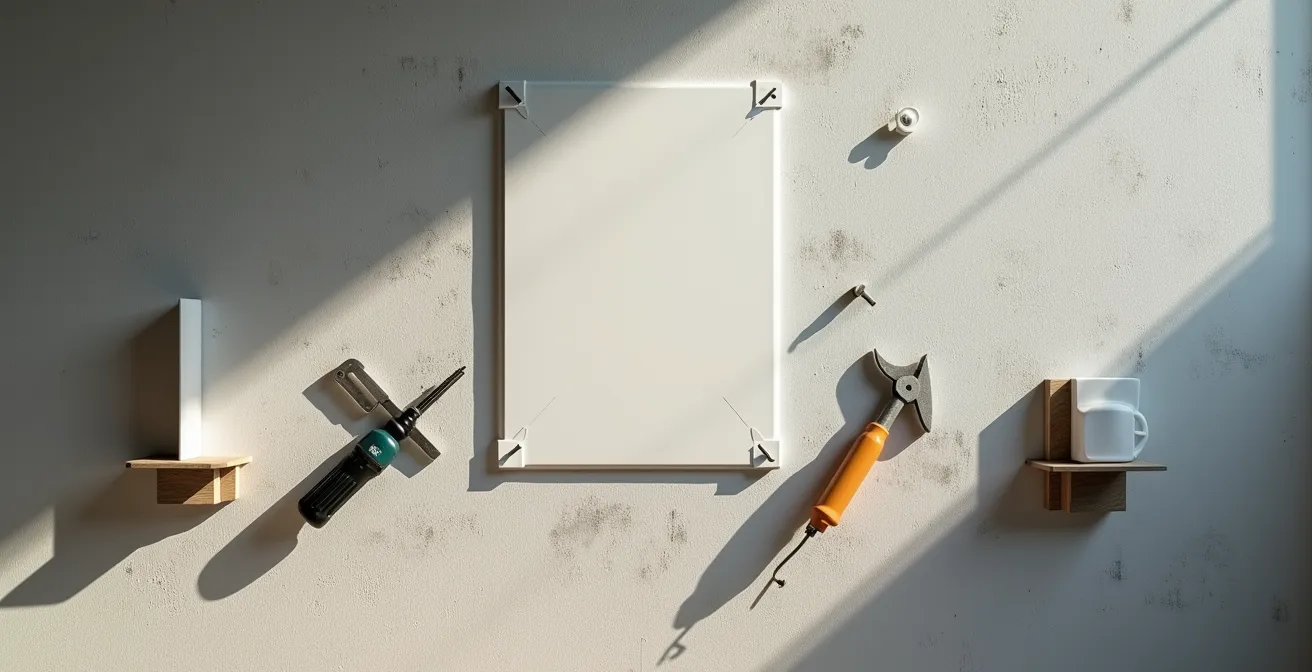 Verschiedene Lösungswege für dasselbe Kundenbedürfnis visualisiert, darunter ein Bohrer, Klebestreifen und ein Nagel, was die Jobs-to-be-Done-Theorie illustriert.