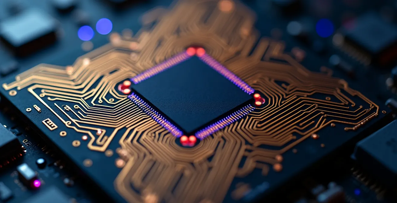 Makroaufnahme der komplexen Schaltkreise auf einem Mikrochip, die die technologische Basis von KI symbolisiert.