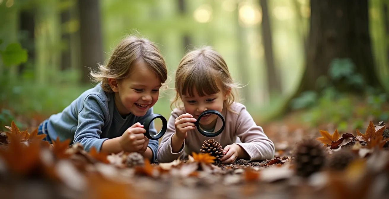 Kinder entdecken spielerisch die Natur im deutschen Wald