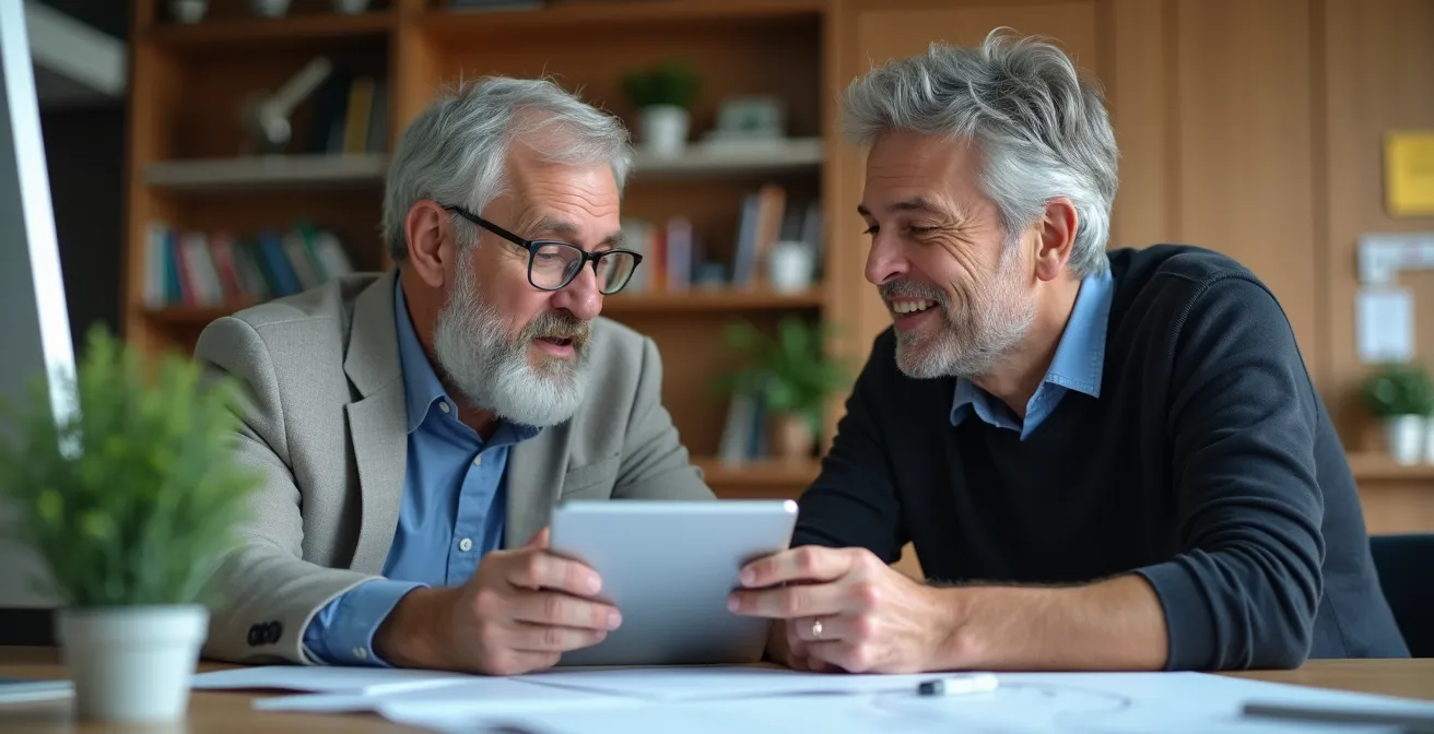 Menschen verschiedener Generationen arbeiten in einem modernen Büro gemeinsam und engagiert an einem Projekt.