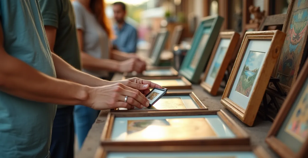 Vielfältige Kunstauswahl auf einem Flohmarkt mit gerahmten Werken und interessierten Besuchern