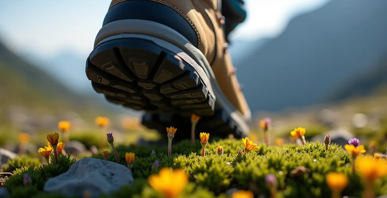 Wanderer praktiziert Leave No Trace Prinzipien in unberührter Berglandschaft